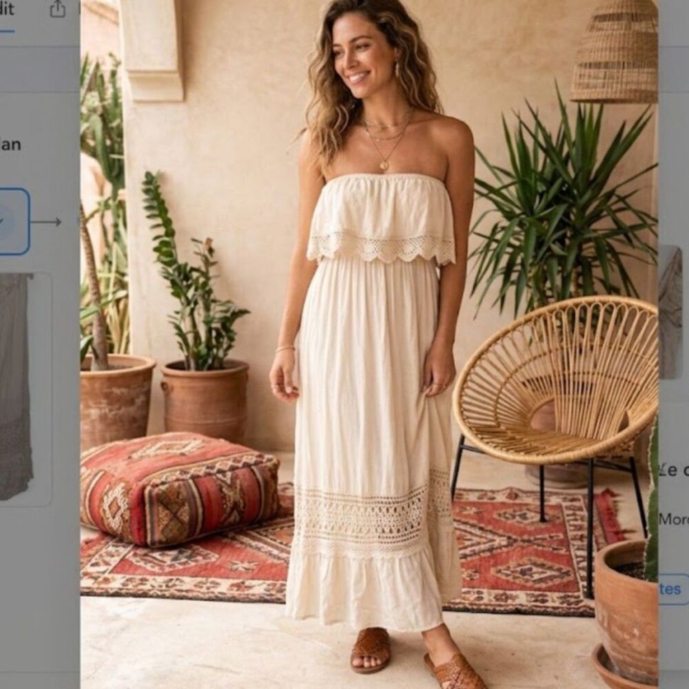 Women's Strapless Cream-Colored Boho-Style Dress